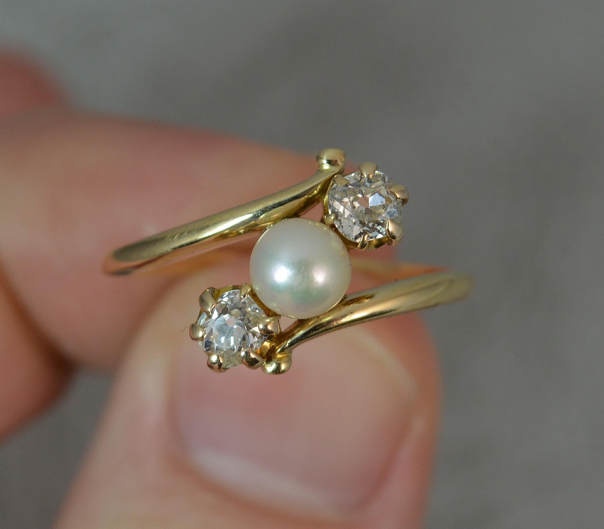 Victorian 18ct Gold Pearl and 0.5 Carat Old Cut Diamond Trilogy Ring on Twist In Excellent Condition In St Helens, GB