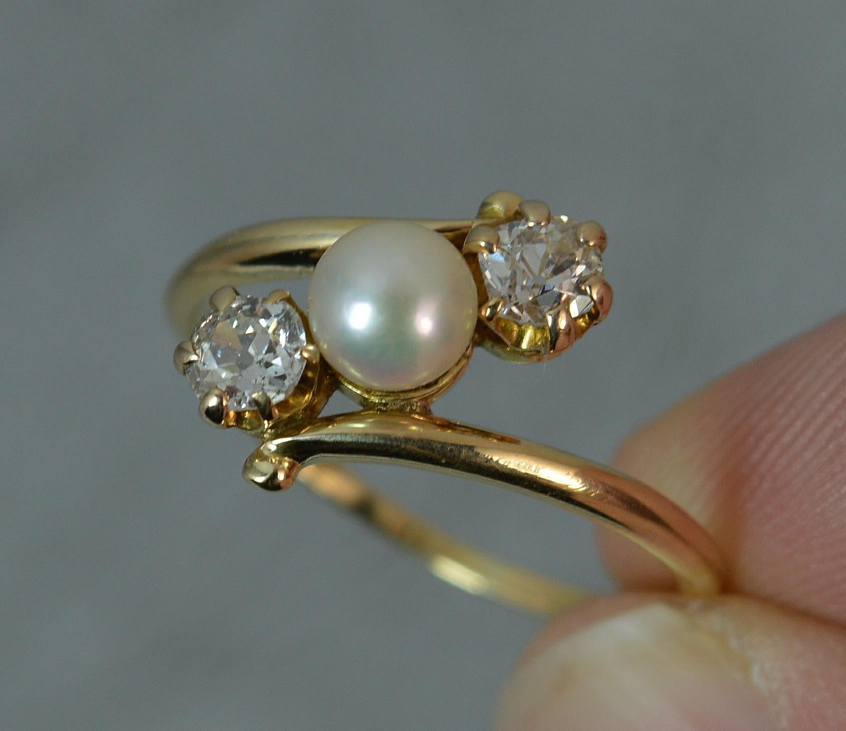 Victorian 18ct Gold Pearl and 0.5 Carat Old Cut Diamond Trilogy Ring on Twist 2