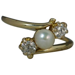 Antique Victorian 18ct Gold Pearl and 0.5 Carat Old Cut Diamond Trilogy Ring on Twist