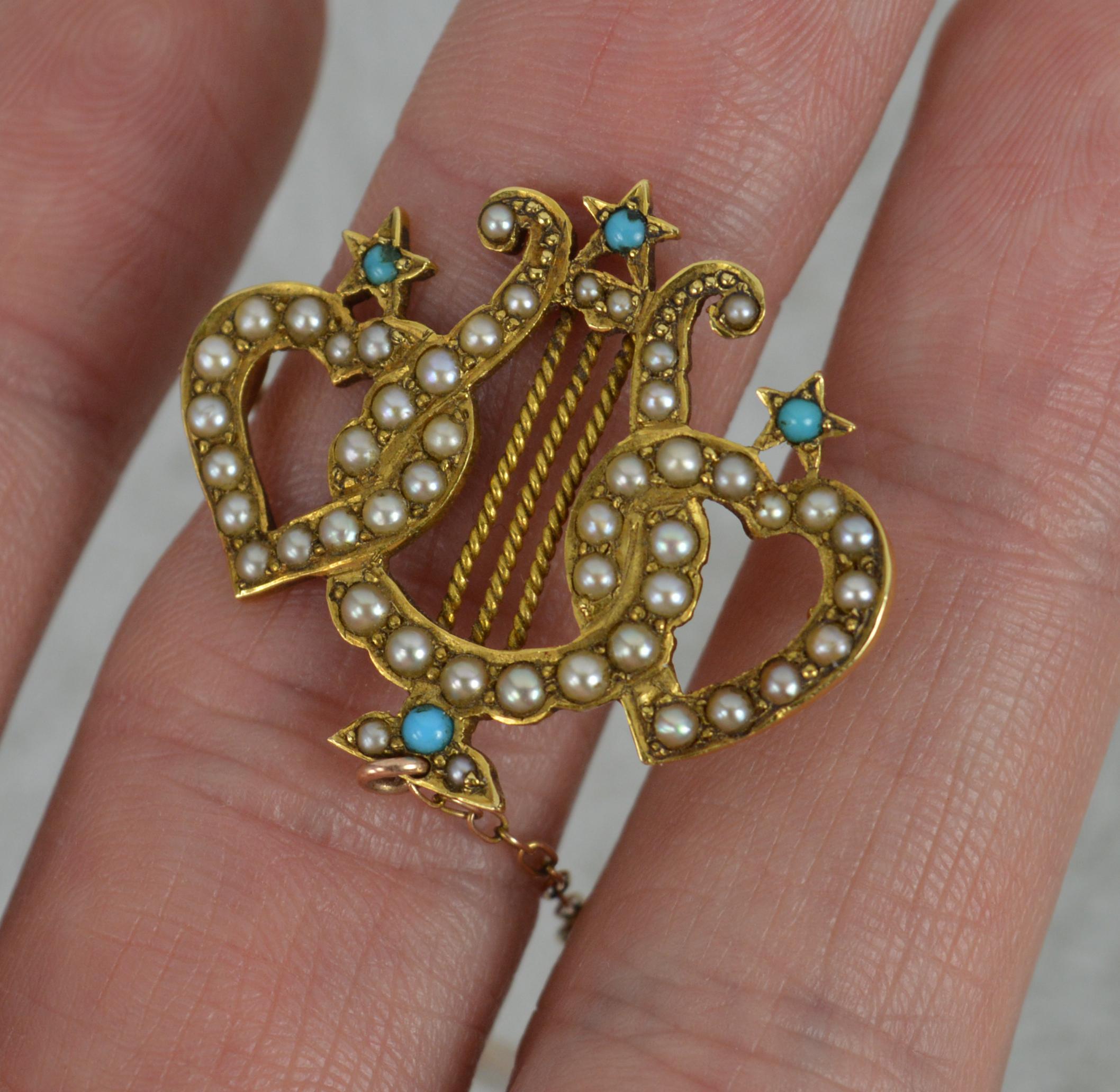 Women's Victorian 18ct Gold Pearl and Turquoise Double Heart Lyre Brooch