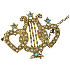 Victorian 18ct Gold Pearl and Turquoise Double Heart Lyre Brooch