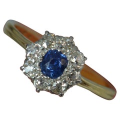 Victorian 18ct Gold Platinum Ceylon Sapphire 0.55ct Old Cut Diamond Cluster Ring