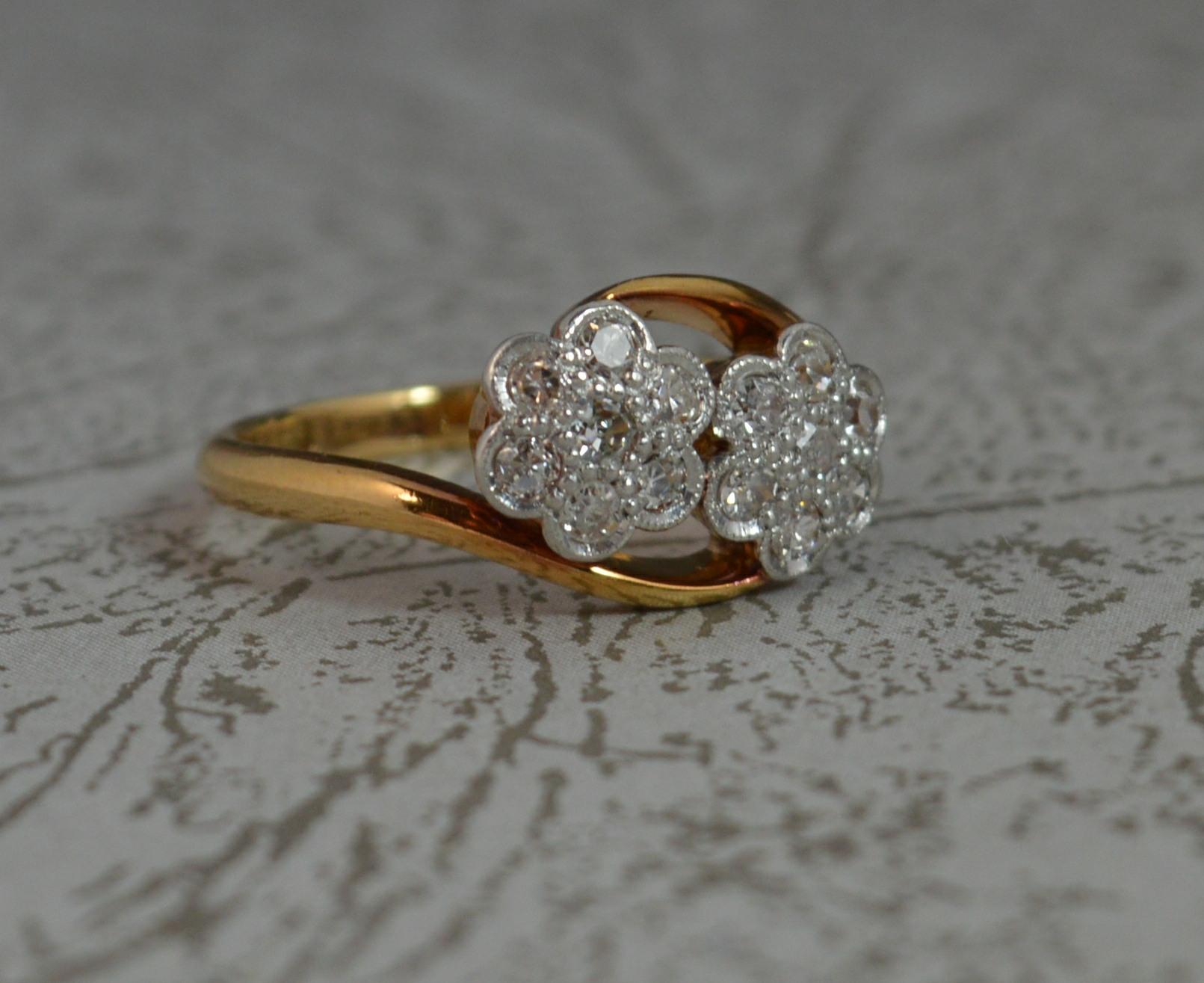 Women's Victorian 18 Carat Gold Platinum Double Daisy Diamond Cluster Ring
