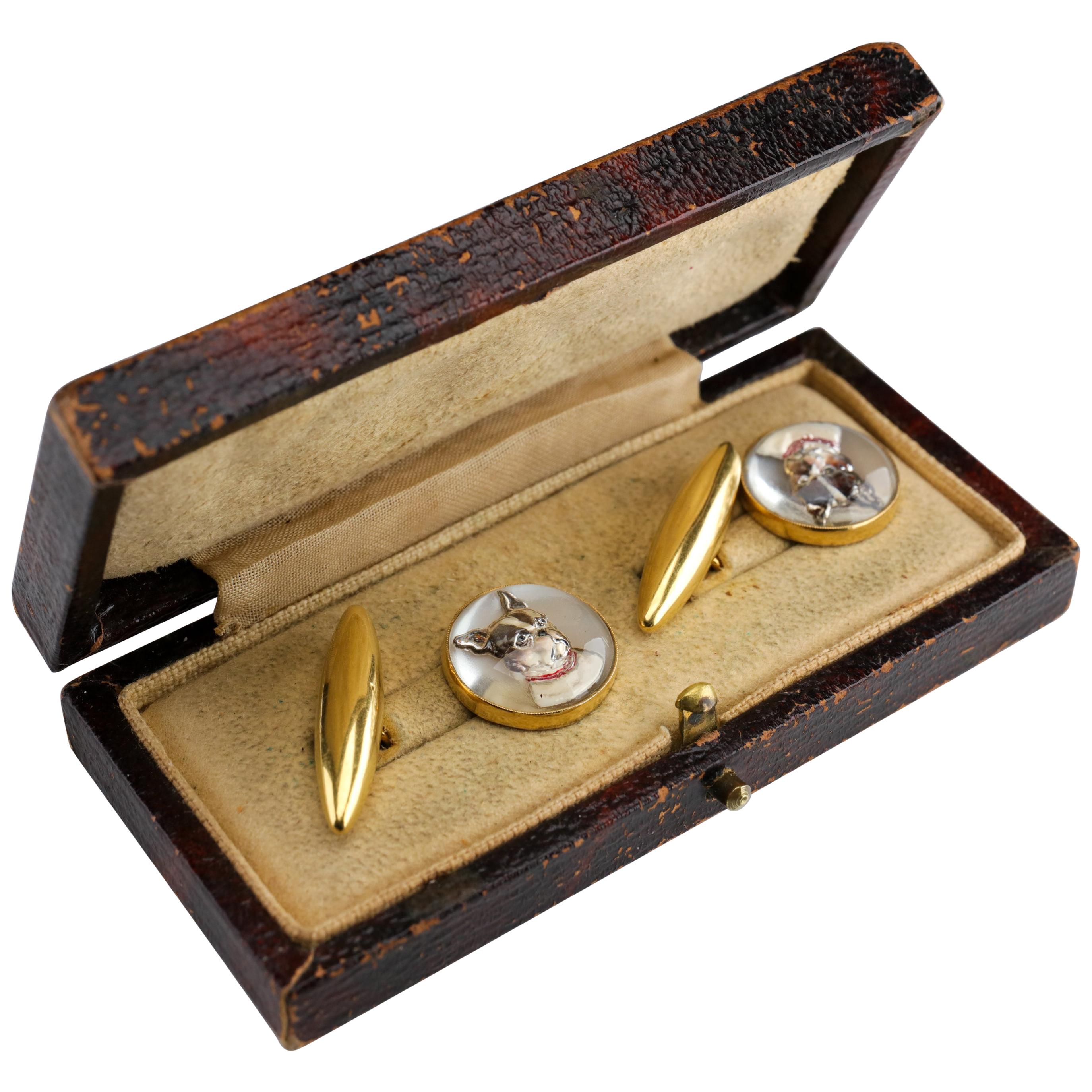 Victorian 18ct Gold Reverse-Printed Crystal Dog Portrait Cufflinks, Circa 1890 For Sale