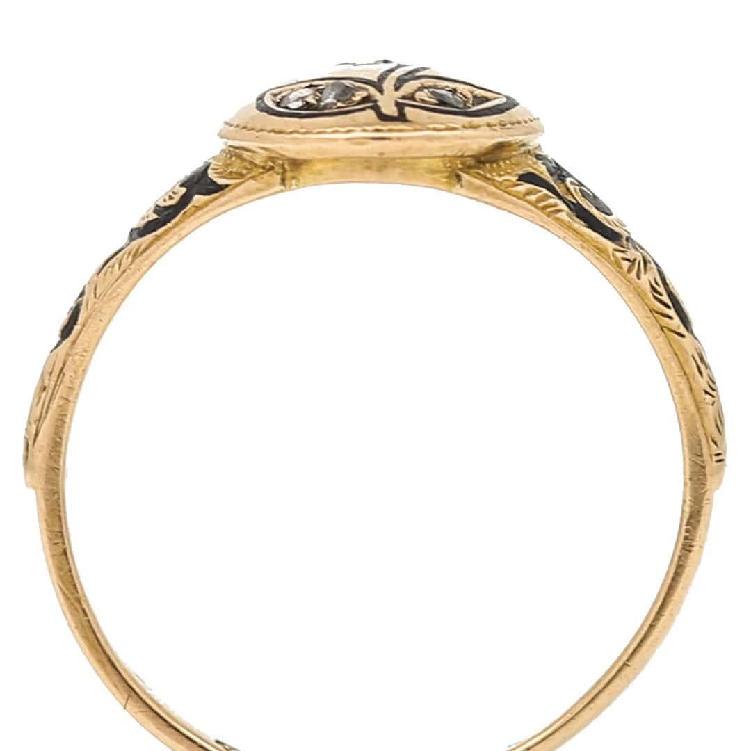 Victorian 18ct Gold Rose Cut Diamond Forget Me Not Mourning Ring, Circa 1869 For Sale 4
