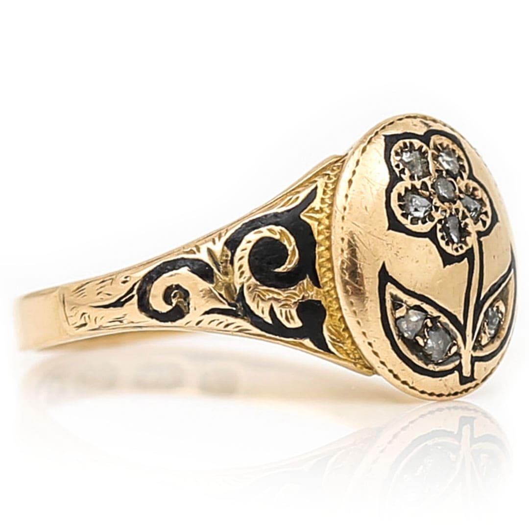 Victorian 18ct Gold Rose Cut Diamond Forget Me Not Mourning Ring, Circa 1869 In Good Condition For Sale In Lancashire, Oldham