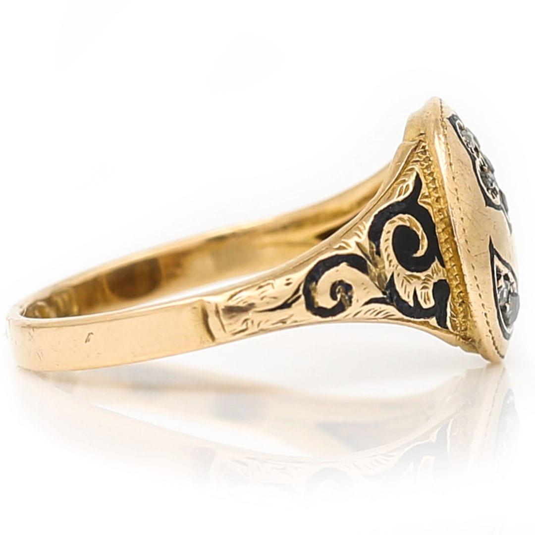 Women's Victorian 18ct Gold Rose Cut Diamond Forget Me Not Mourning Ring, Circa 1869 For Sale