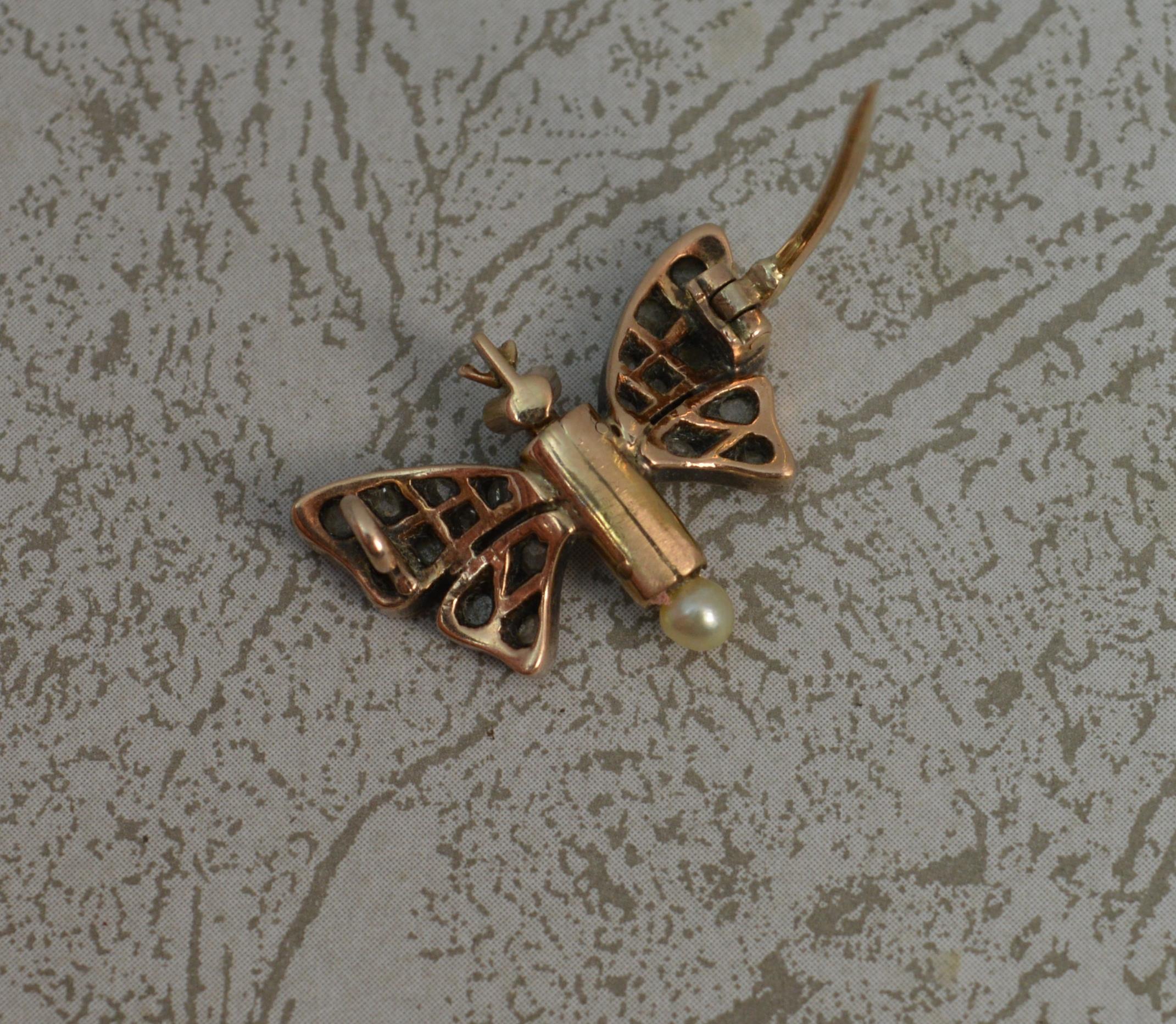 Victorian 18 Carat Gold Rose Cut Diamond Garnet Pearl Butterfly Brooch 5