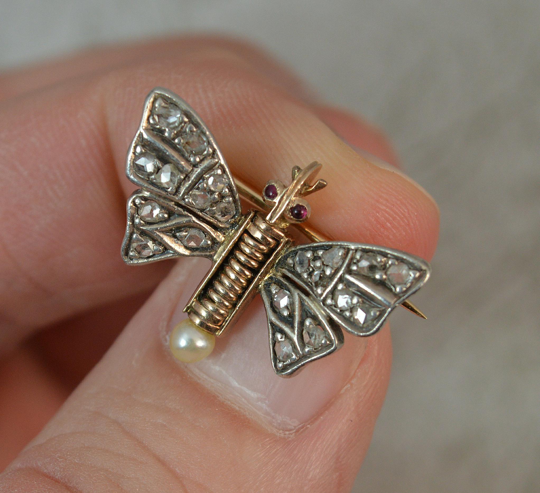 Victorian 18 Carat Gold Rose Cut Diamond Garnet Pearl Butterfly Brooch In Excellent Condition In St Helens, GB