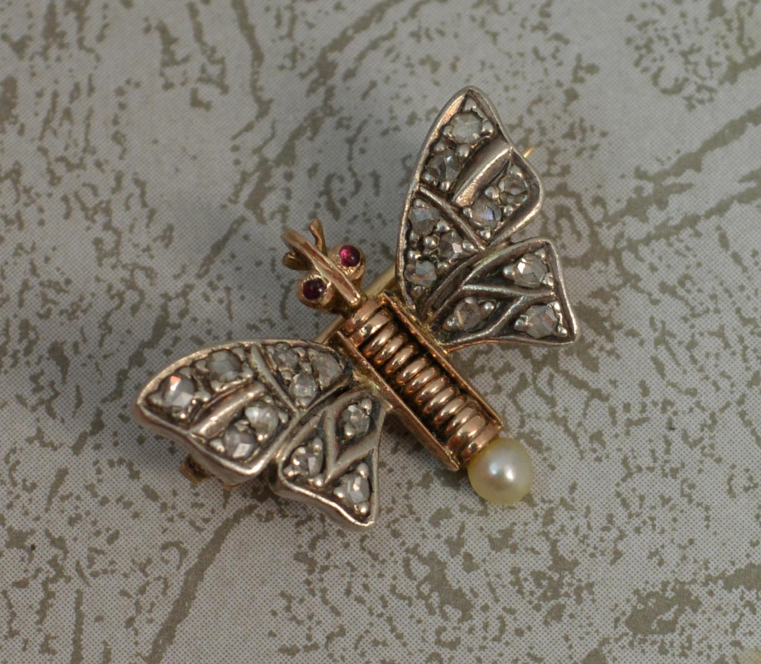 Women's or Men's Victorian 18 Carat Gold Rose Cut Diamond Garnet Pearl Butterfly Brooch
