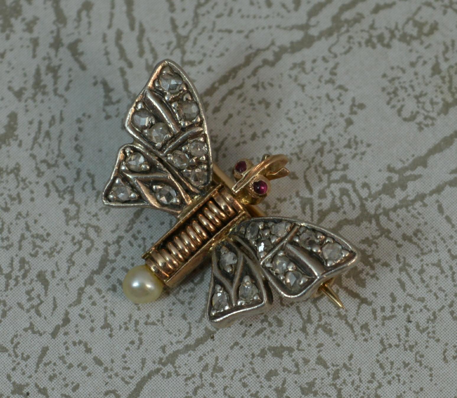 Victorian 18 Carat Gold Rose Cut Diamond Garnet Pearl Butterfly Brooch 1
