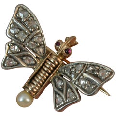 Victorian 18 Carat Gold Rose Cut Diamond Garnet Pearl Butterfly Brooch
