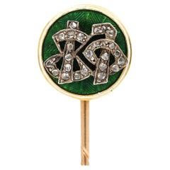 Antique Victorian 18ct Gold Rose Cut Diamond Green and White Enamel Stick Pin