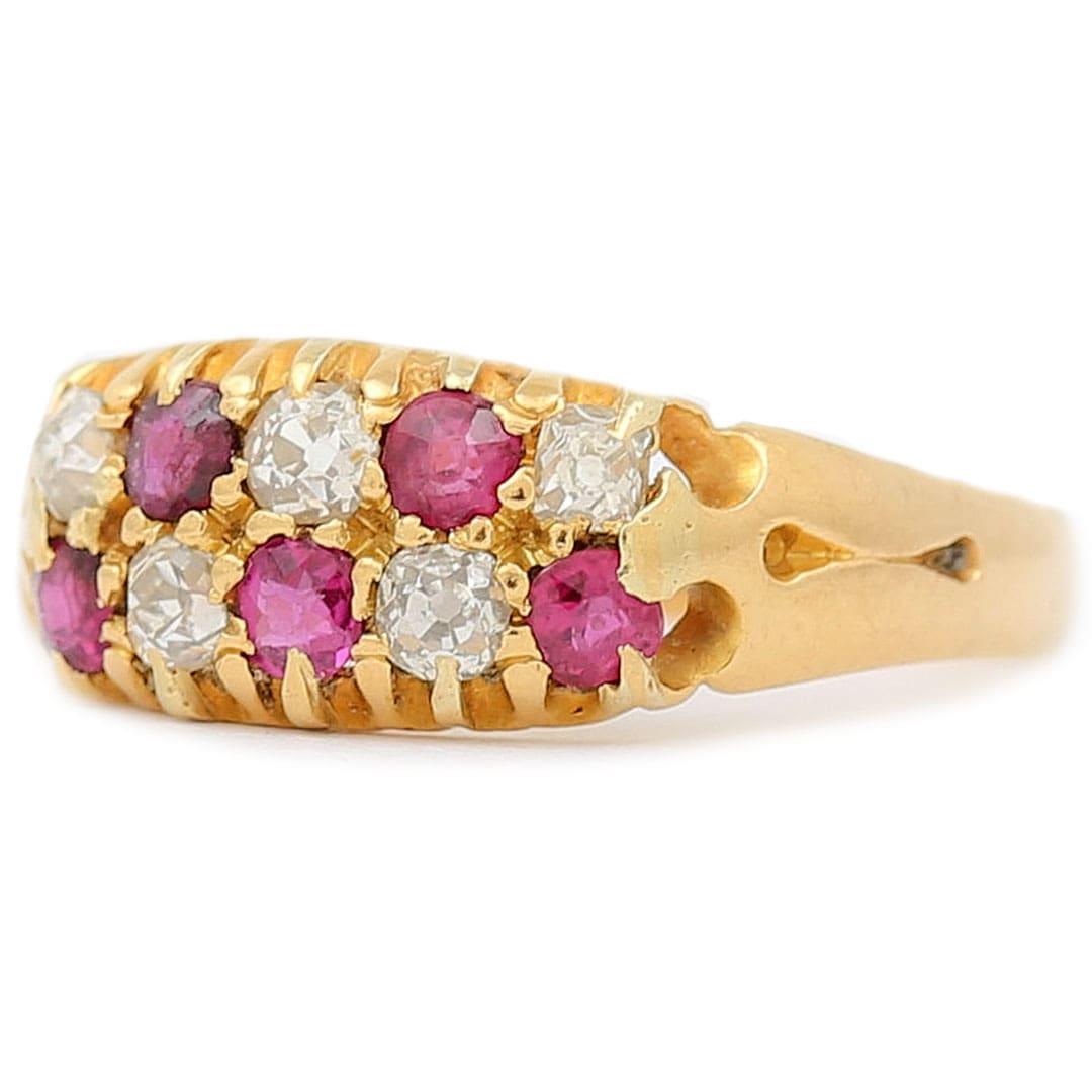 Old Mine Cut Victorian 18ct Gold, Ruby and Diamond Checkerboard Ring, Circa 1900