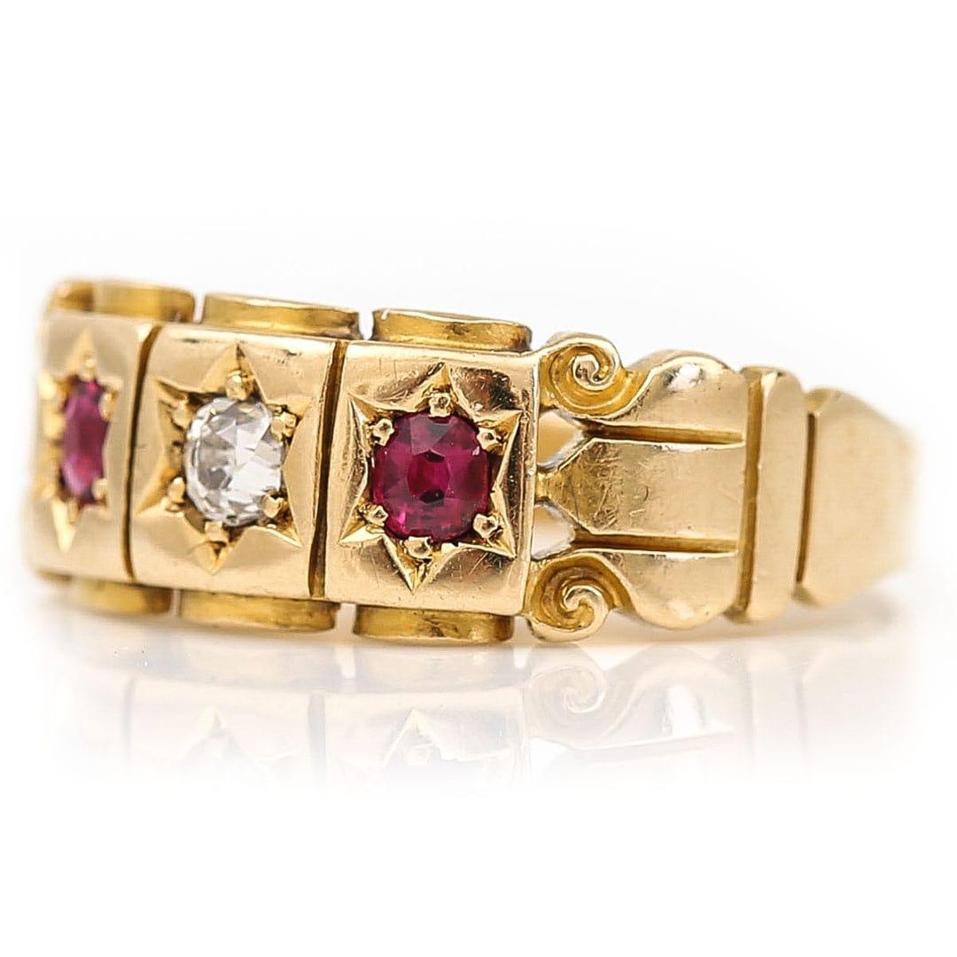 Victorian 18k Gold Ruby and Old Mine Cut Diamond Star Set Ring, circa 1896 In Good Condition For Sale In Lancashire, Oldham