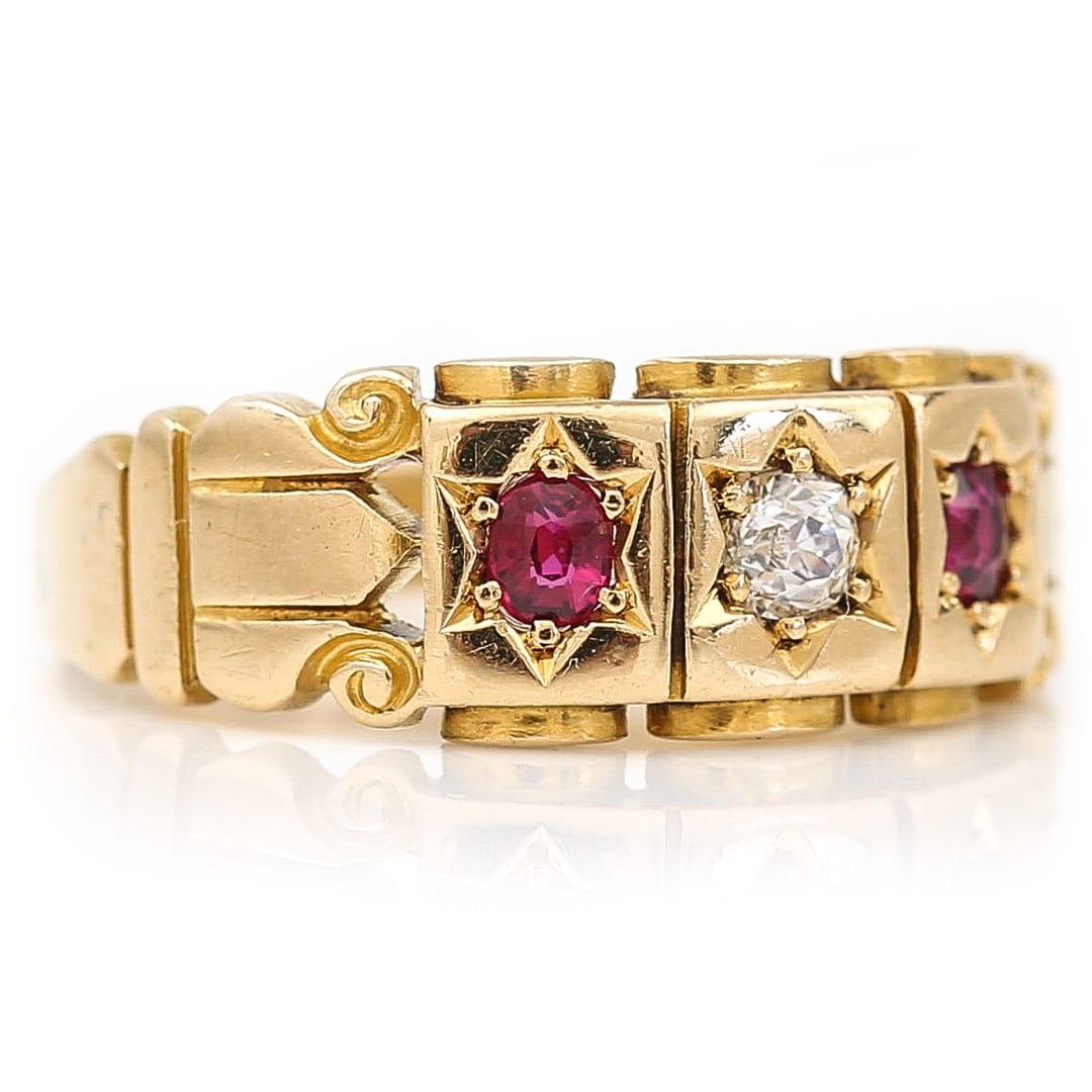 Victorian 18k Gold Ruby and Old Mine Cut Diamond Star Set Ring, circa 1896 For Sale 1