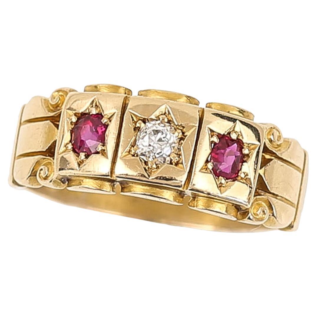 Victorian 18k Gold Ruby and Old Mine Cut Diamond Star Set Ring, circa 1896 For Sale