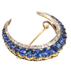 Victorian 18ct Gold, Sapphire and Diamond Crescent Moon Brooch