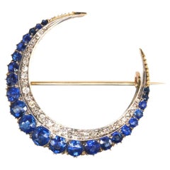 Victorian 18ct Gold, Sapphire and Diamond Crescent Moon Brooch