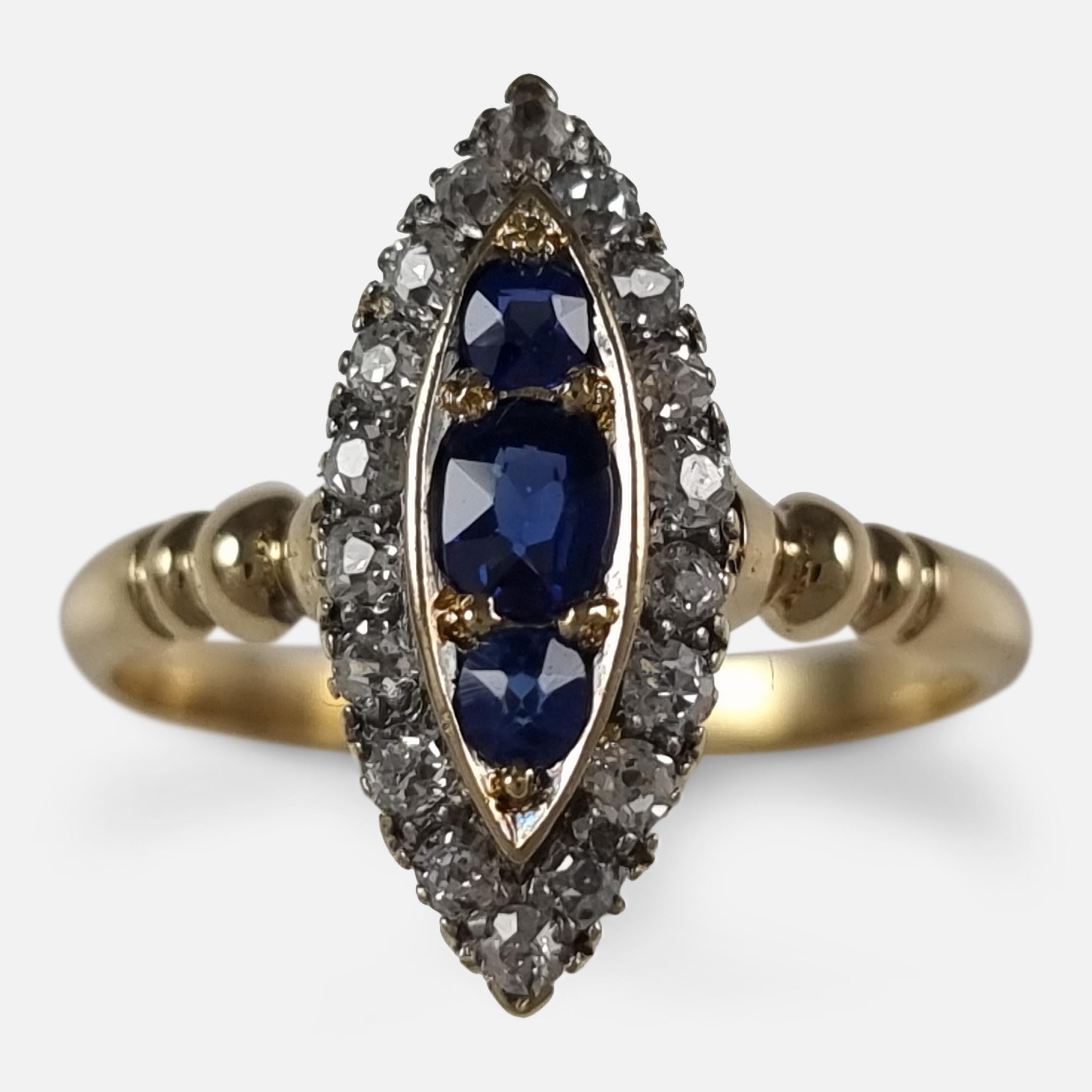 Victorian 18ct Gold Sapphire and Diamond Navette Cluster Ring For Sale 11