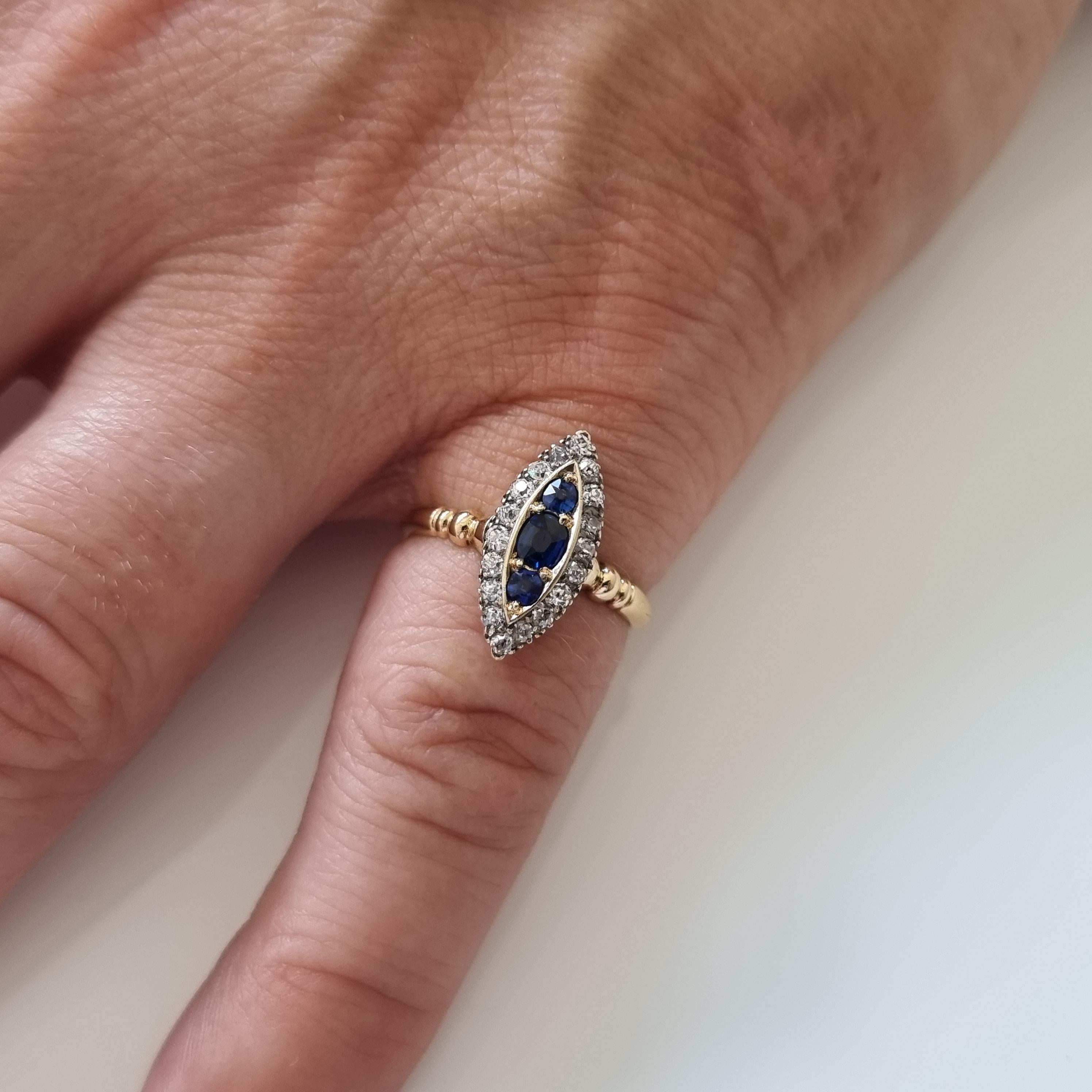Victorian 18ct Gold Sapphire and Diamond Navette Cluster Ring For Sale 9