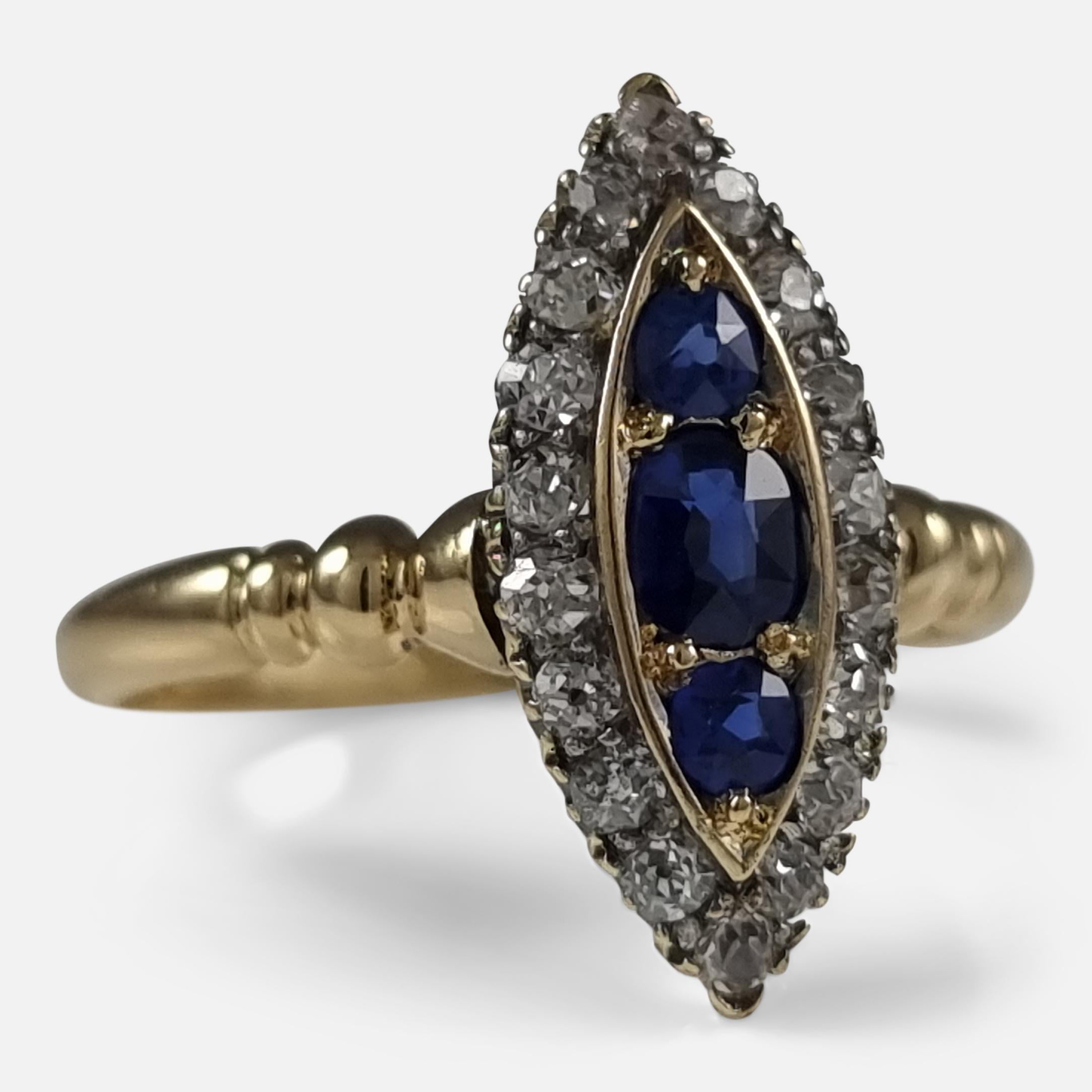Old Mine Cut Victorian 18ct Gold Sapphire and Diamond Navette Cluster Ring