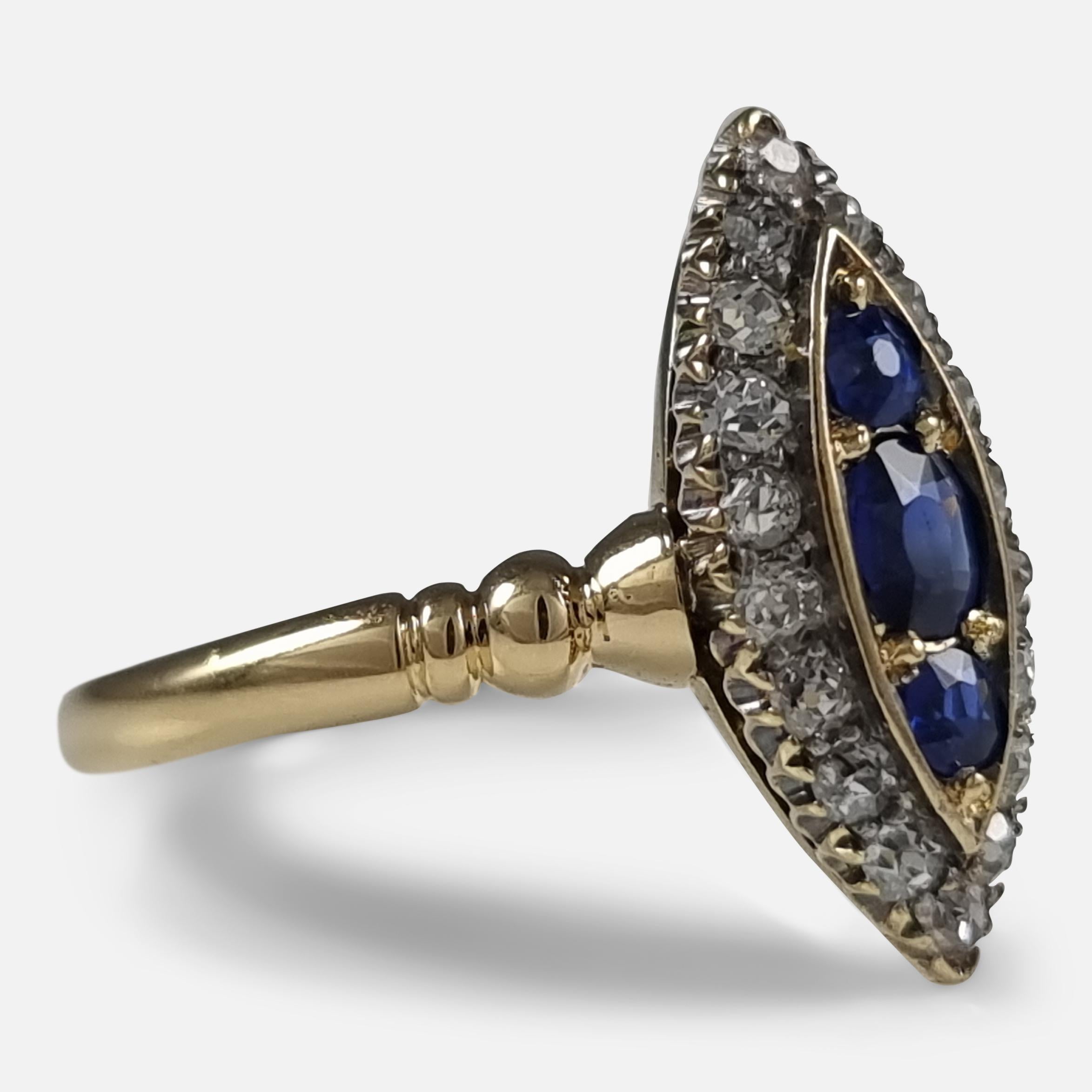 Victorian 18ct Gold Sapphire and Diamond Navette Cluster Ring In Good Condition In Glasgow, GB