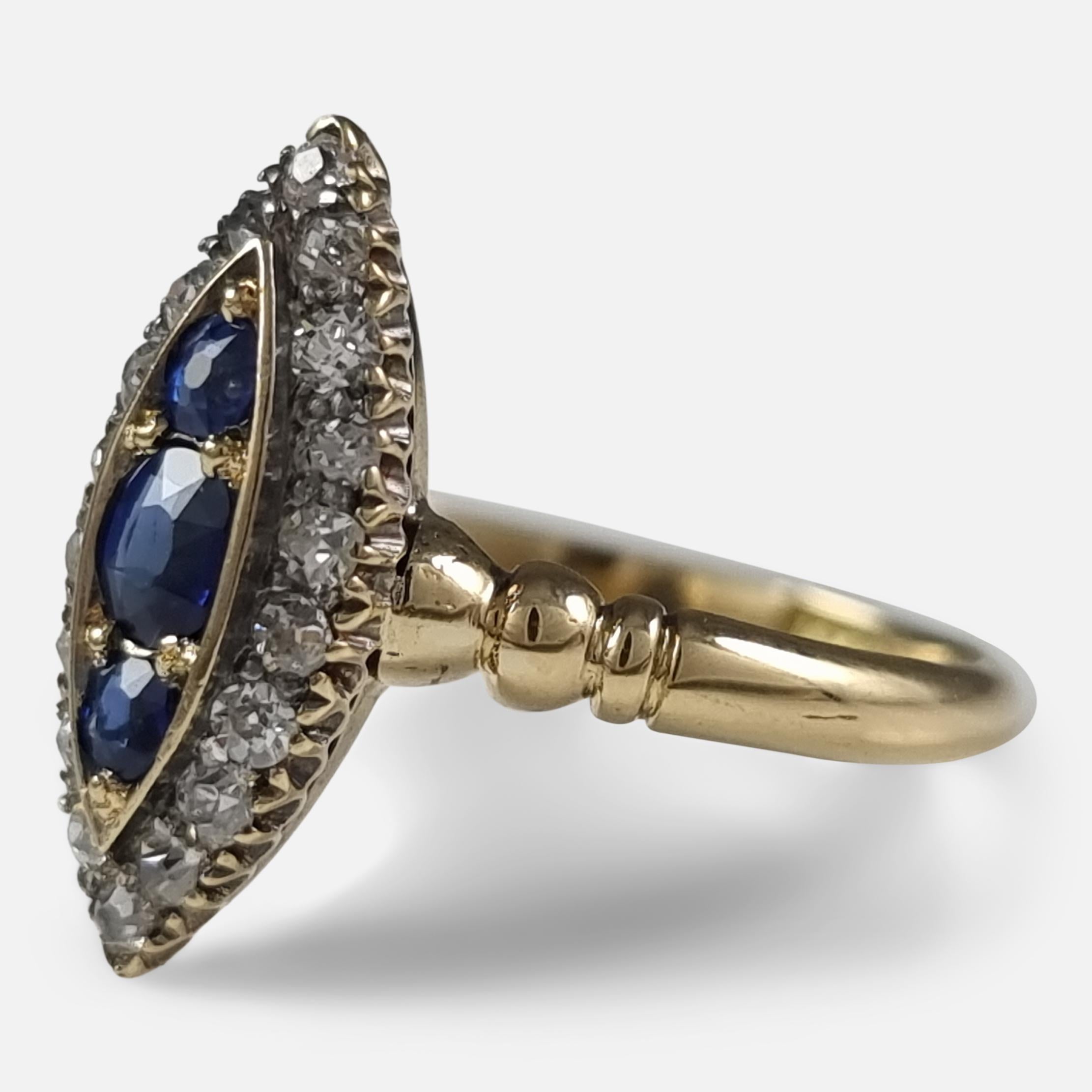 Victorian 18ct Gold Sapphire and Diamond Navette Cluster Ring For Sale 3
