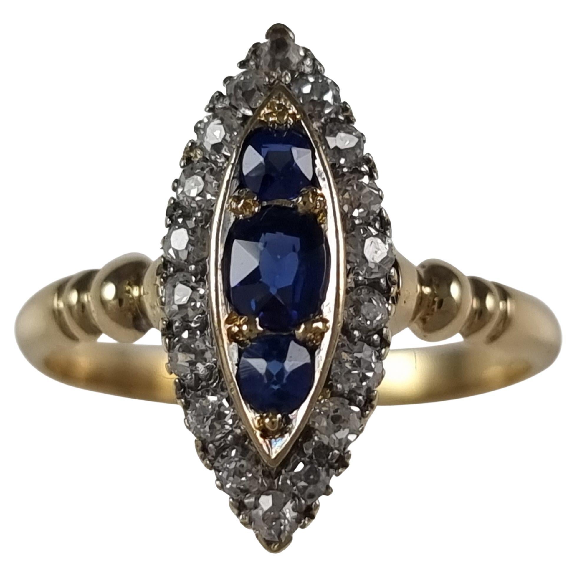 Victorian 18ct Gold Sapphire and Diamond Navette Cluster Ring For Sale
