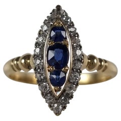 Viktorianischer Navette-Cluster-Ring aus 18 Karat Gold mit Saphir und Diamant