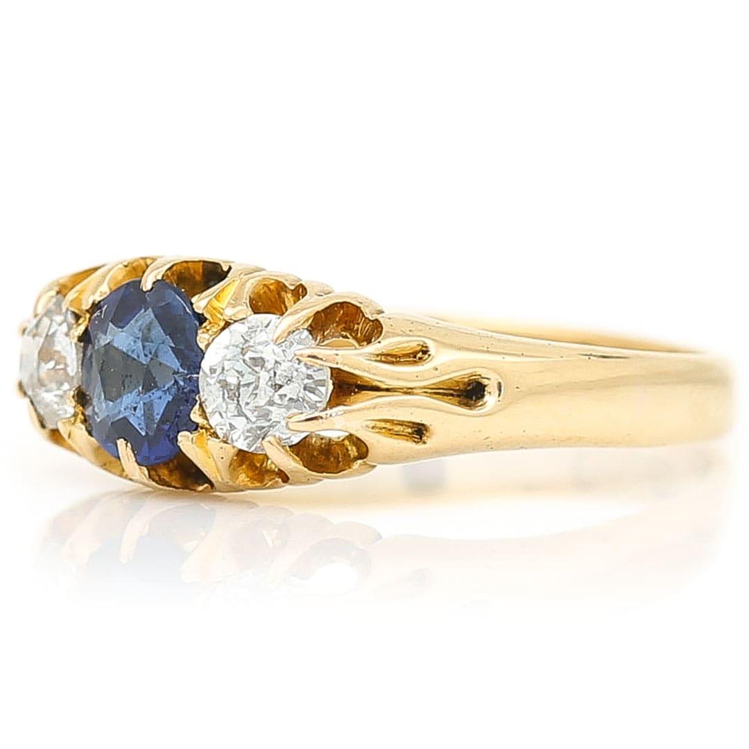 Oval Cut Victorian 18ct Gold Sapphire and Old Cut Diamond Ring Circa 1890
