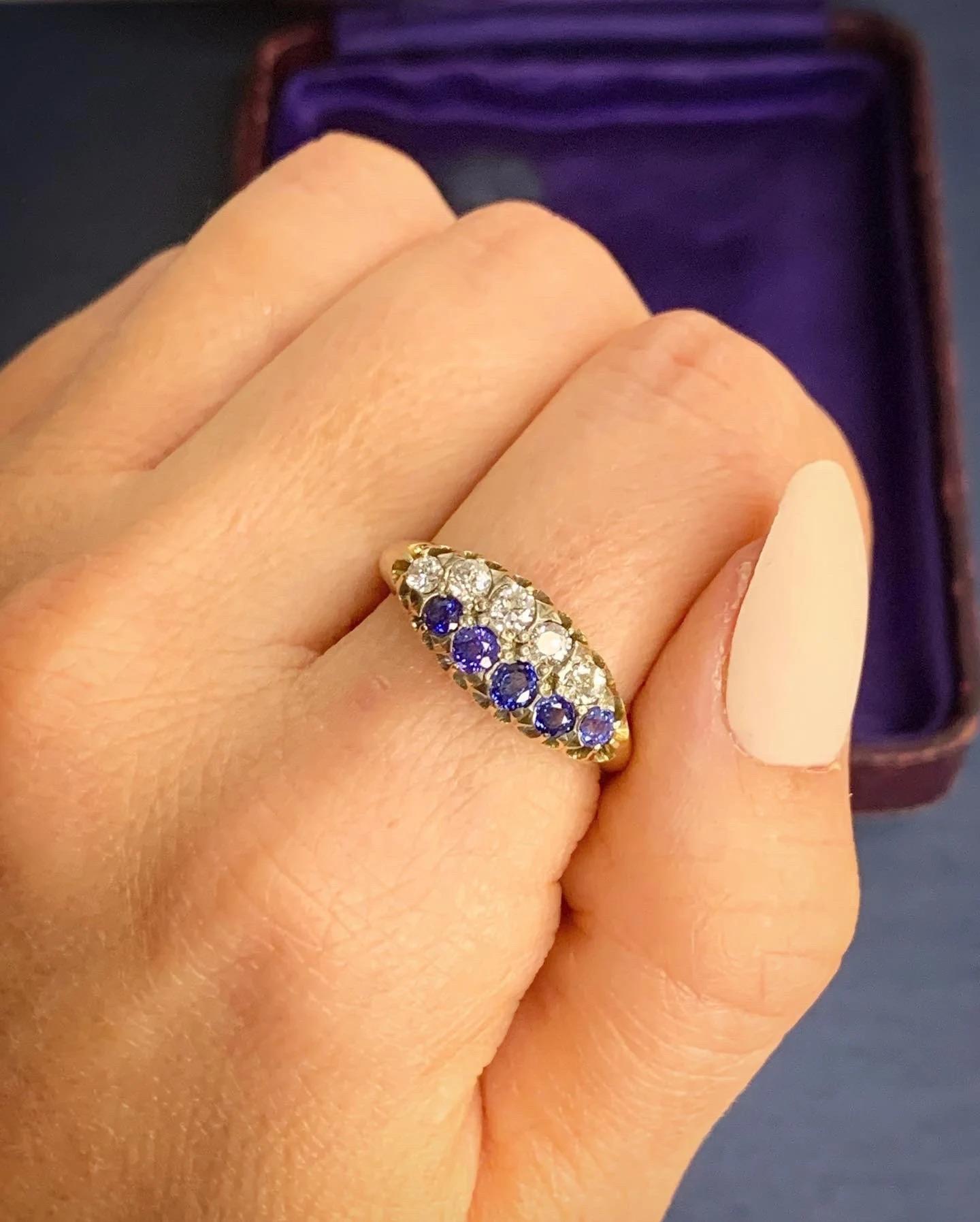 Old European Cut Victorian 18ct Gold Sapphire & Diamond Boat Ring For Sale