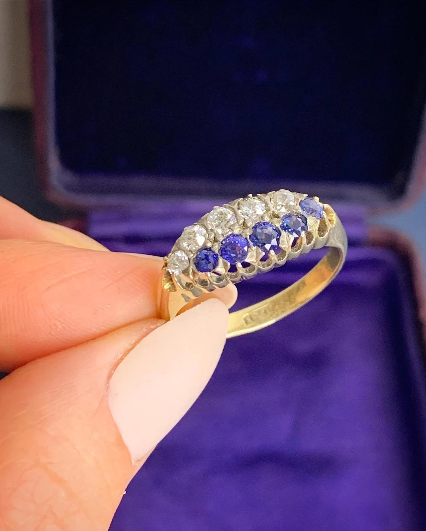 Victorian 18ct Gold Sapphire & Diamond Boat Ring For Sale 2