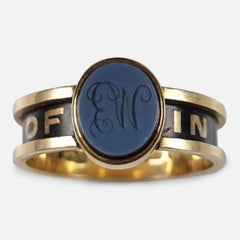 Victorian 18ct Gold Sardonyx Intaglio and Enamel Memorial Ring, 1873