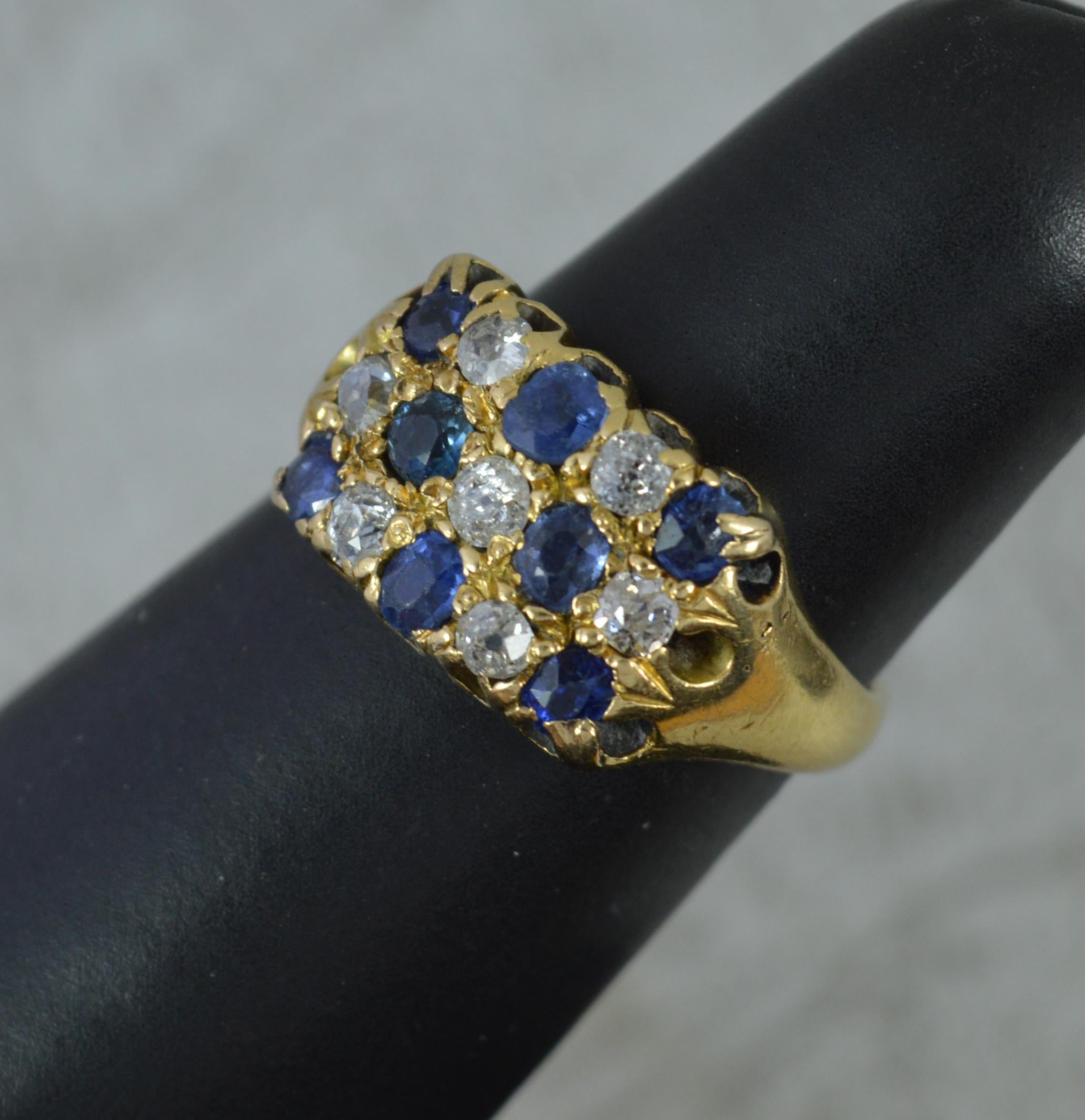 Victorian 18ct Gold Three Row Chequerboard Sapphire Diamond Cluster Ring For Sale 6