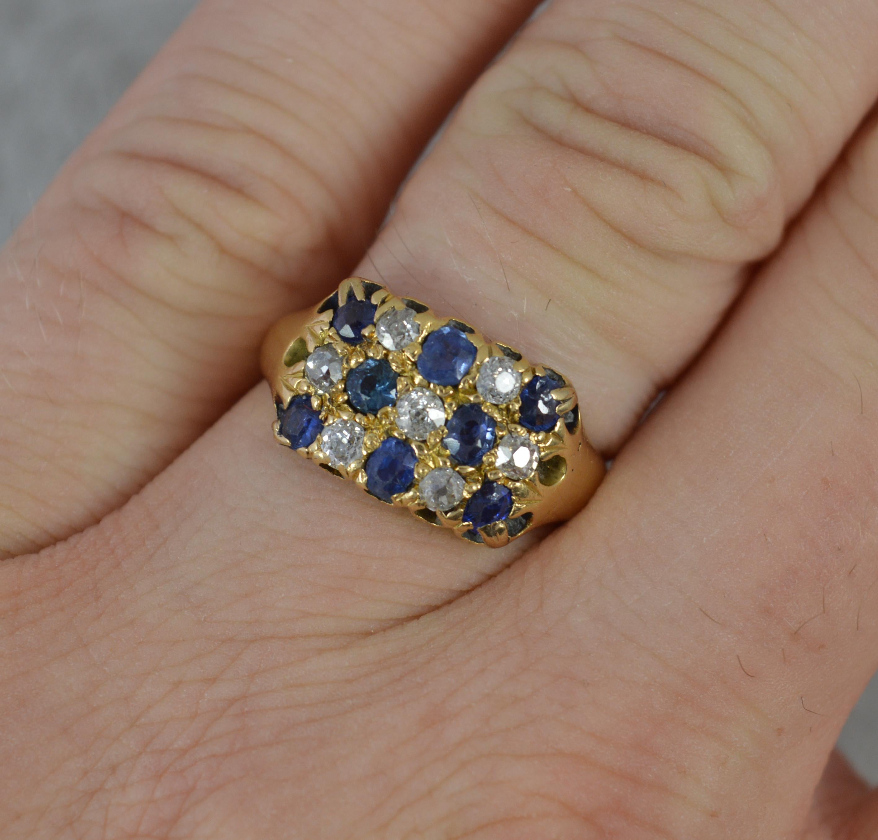 Old European Cut Victorian 18ct Gold Three Row Chequerboard Sapphire Diamond Cluster Ring For Sale