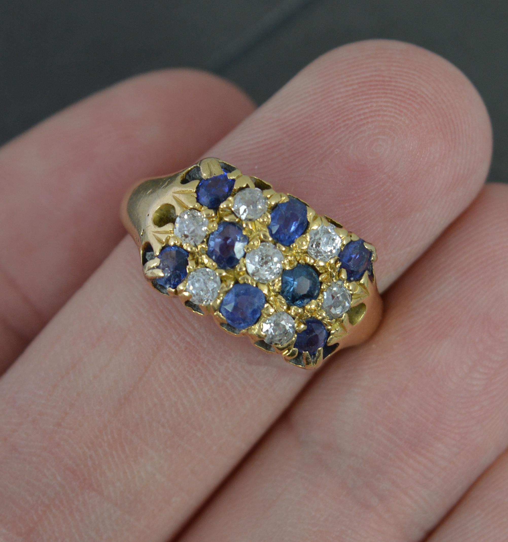 Victorian 18ct Gold Three Row Chequerboard Sapphire Diamond Cluster Ring In Good Condition For Sale In St Helens, GB