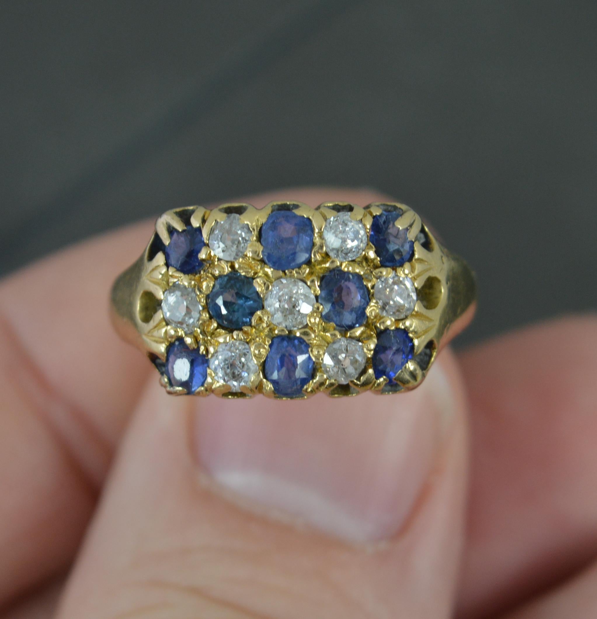 Women's Victorian 18ct Gold Three Row Chequerboard Sapphire Diamond Cluster Ring For Sale