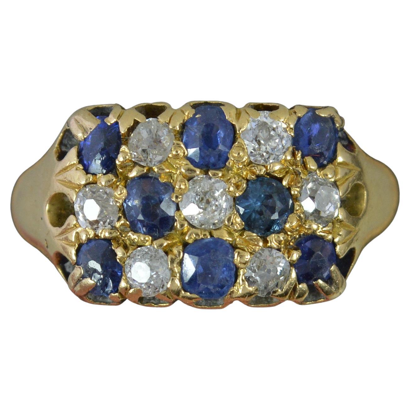 Victorian 18ct Gold Three Row Chequerboard Sapphire Diamond Cluster Ring For Sale