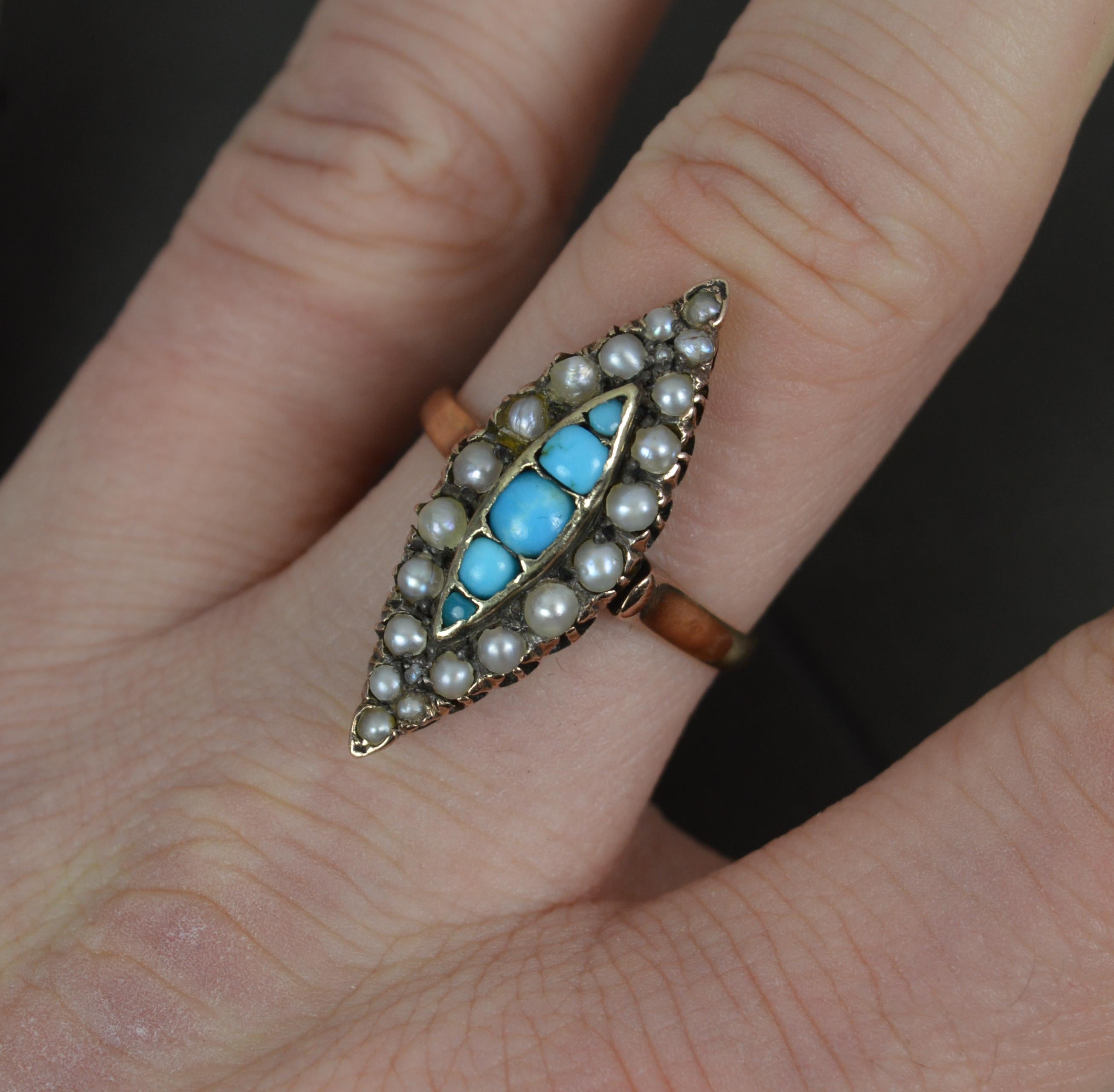 Round Cut Victorian 18ct Gold Turquoise and Pearl Navette Cluster Ring For Sale