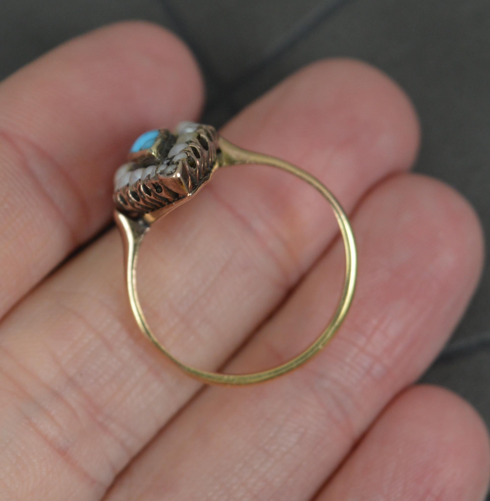 Victorian 18ct Gold Turquoise and Pearl Navette Cluster Ring In Good Condition For Sale In St Helens, GB