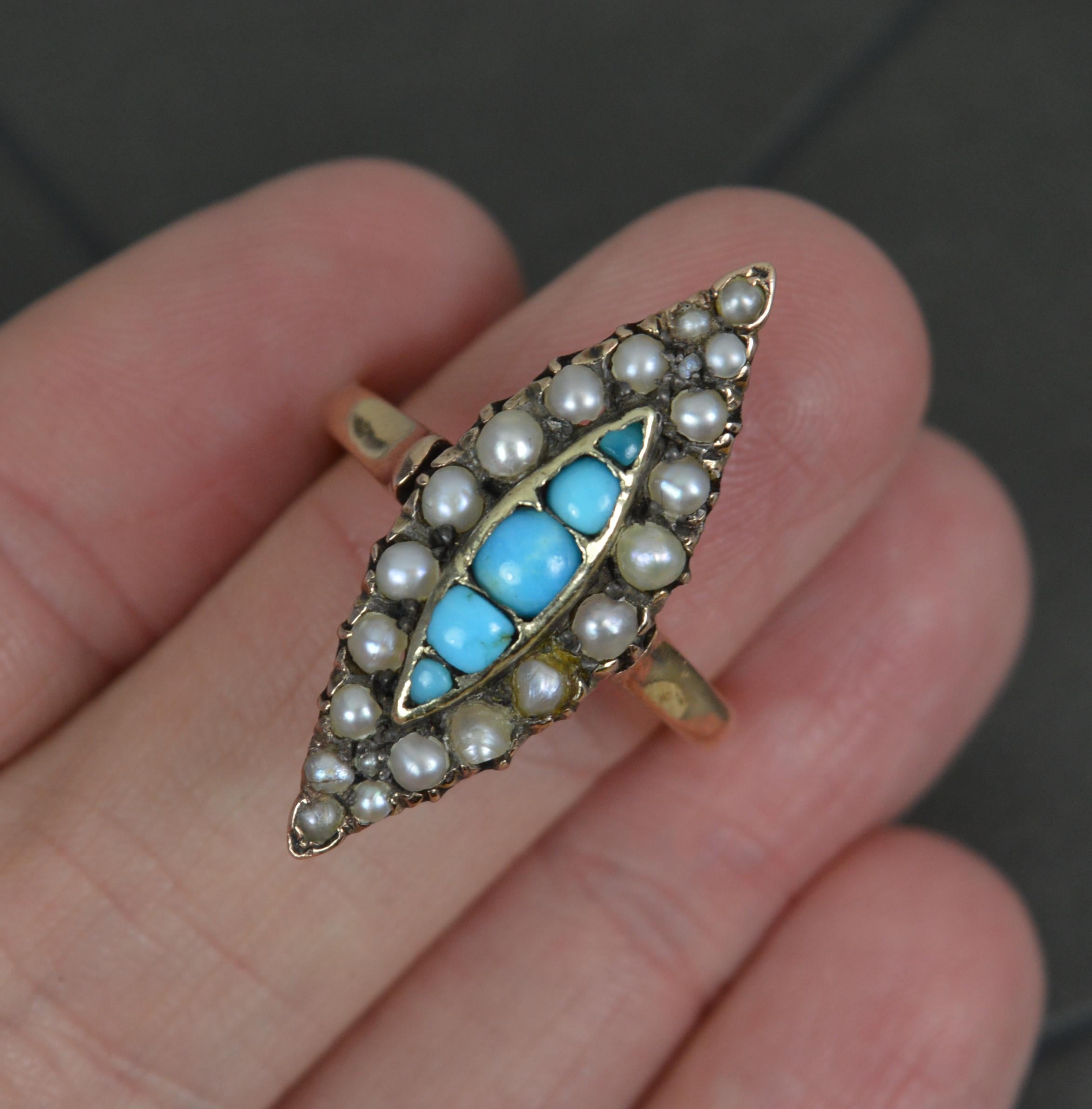 Women's Victorian 18ct Gold Turquoise and Pearl Navette Cluster Ring For Sale