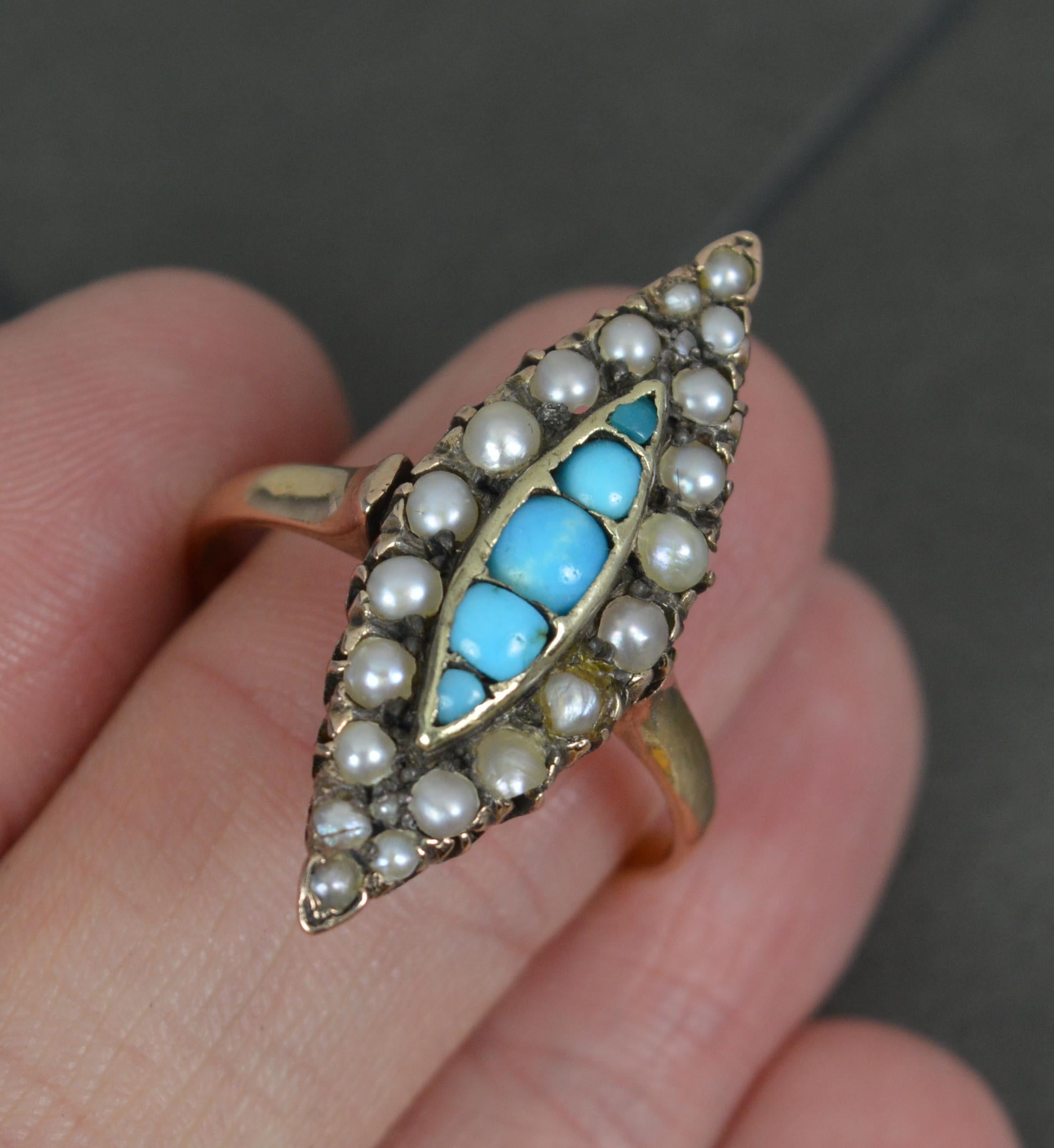 Victorian 18ct Gold Turquoise and Pearl Navette Cluster Ring For Sale 1