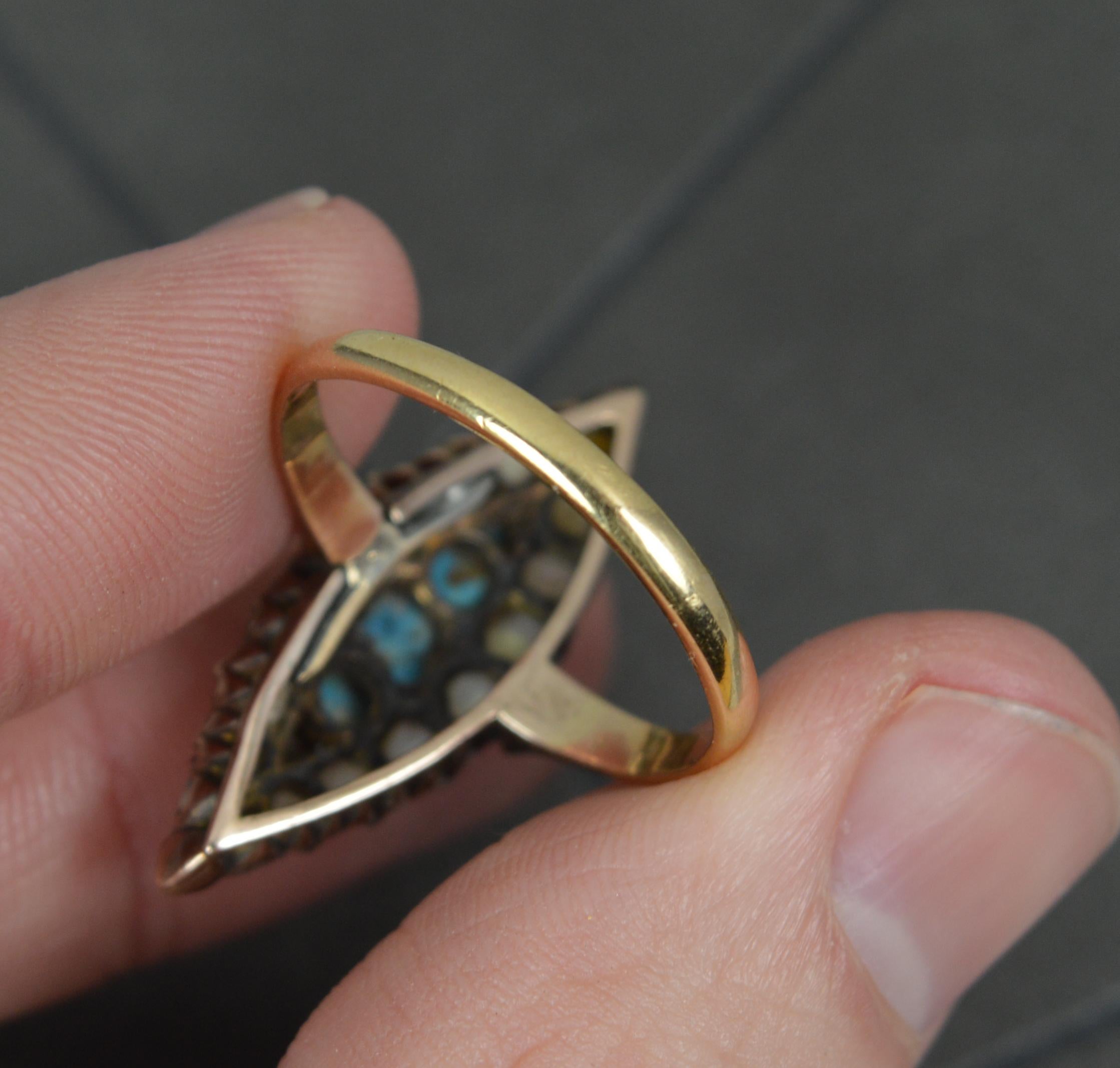 Victorian 18ct Gold Turquoise and Pearl Navette Cluster Ring For Sale 3