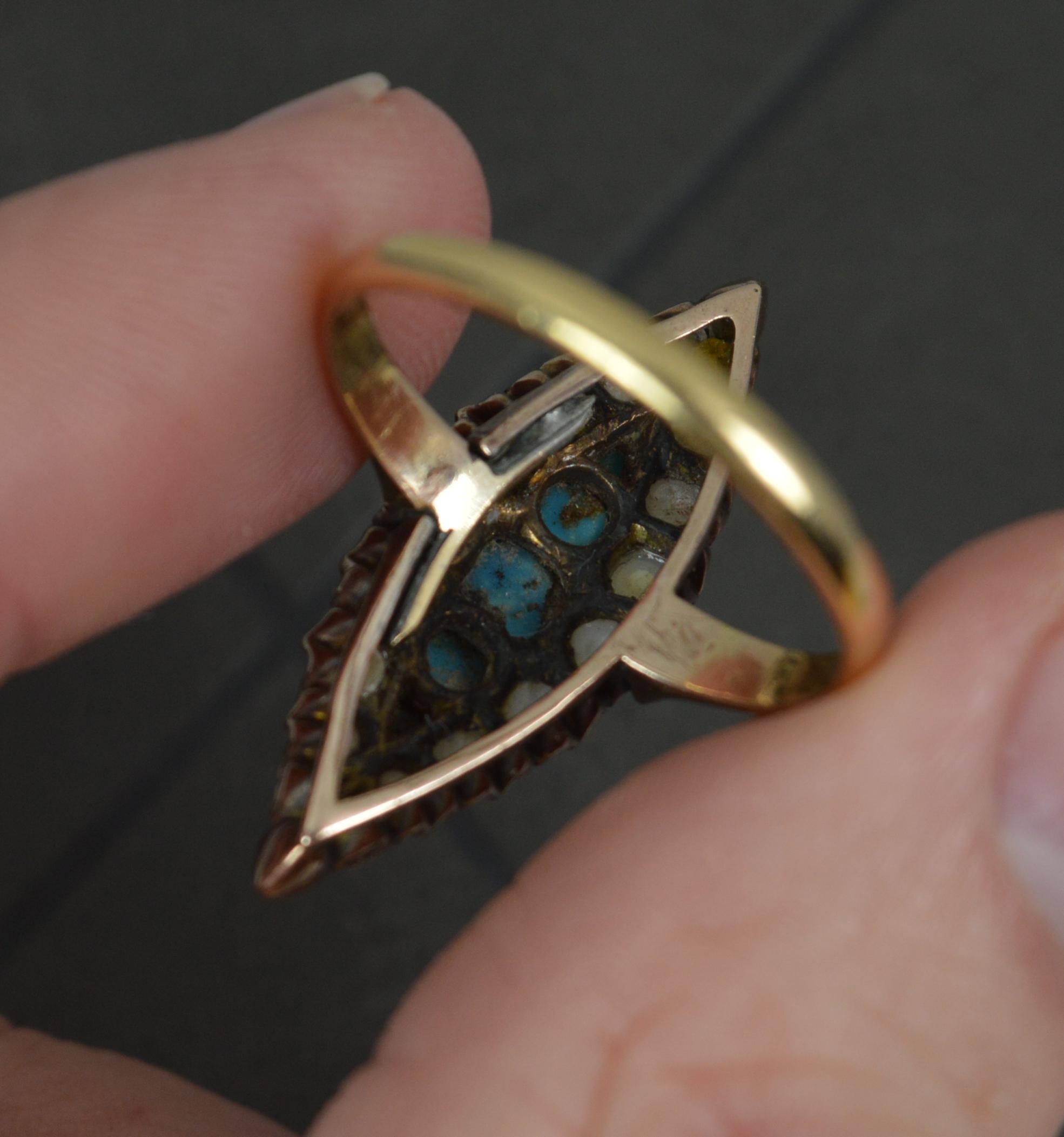 Victorian 18ct Gold Turquoise and Pearl Navette Cluster Ring For Sale 4