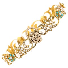 Victorian 18ct Gold Turquoise Forget Me Not and Seed Pearl Bracelet Circa 1890