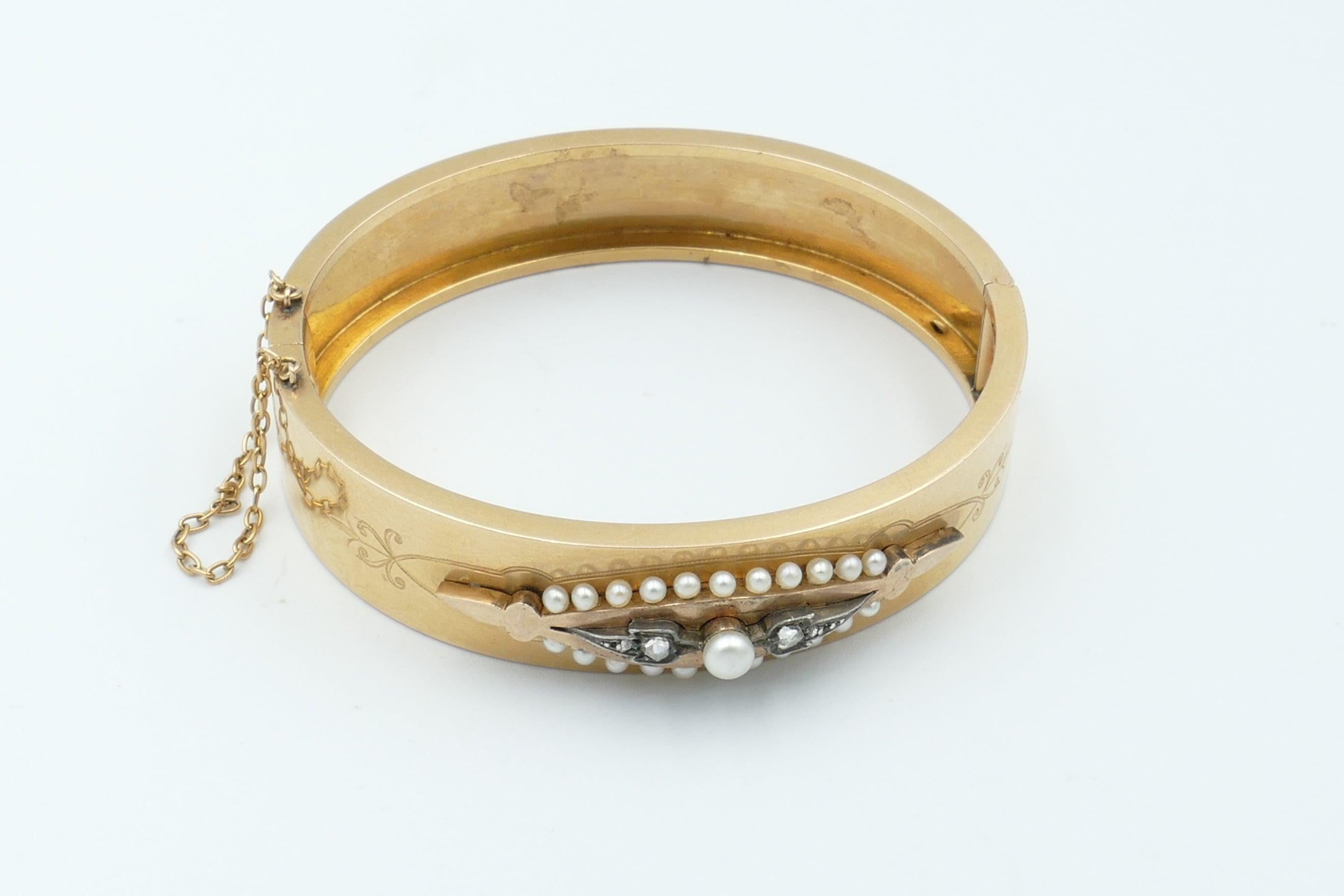 Old Mine Cut Victorian 18 Carat Rose/Yellow Gold Diamond and Pearl Hinged Bangle For Sale