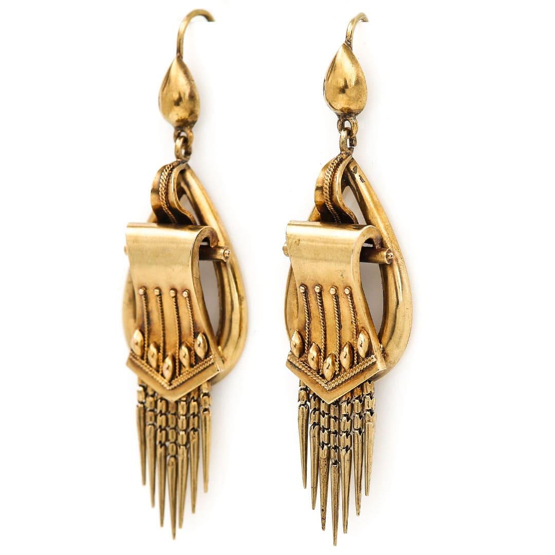 A fantastic pair of foxtail fringe earrings from the Victorian (circa 1870) era! Crafted in 18ct burnished yellow gold, these super earrings are in amazing condition and have a delightful patina. Etruscan beadwork is displayed on the 'buckle' motif,