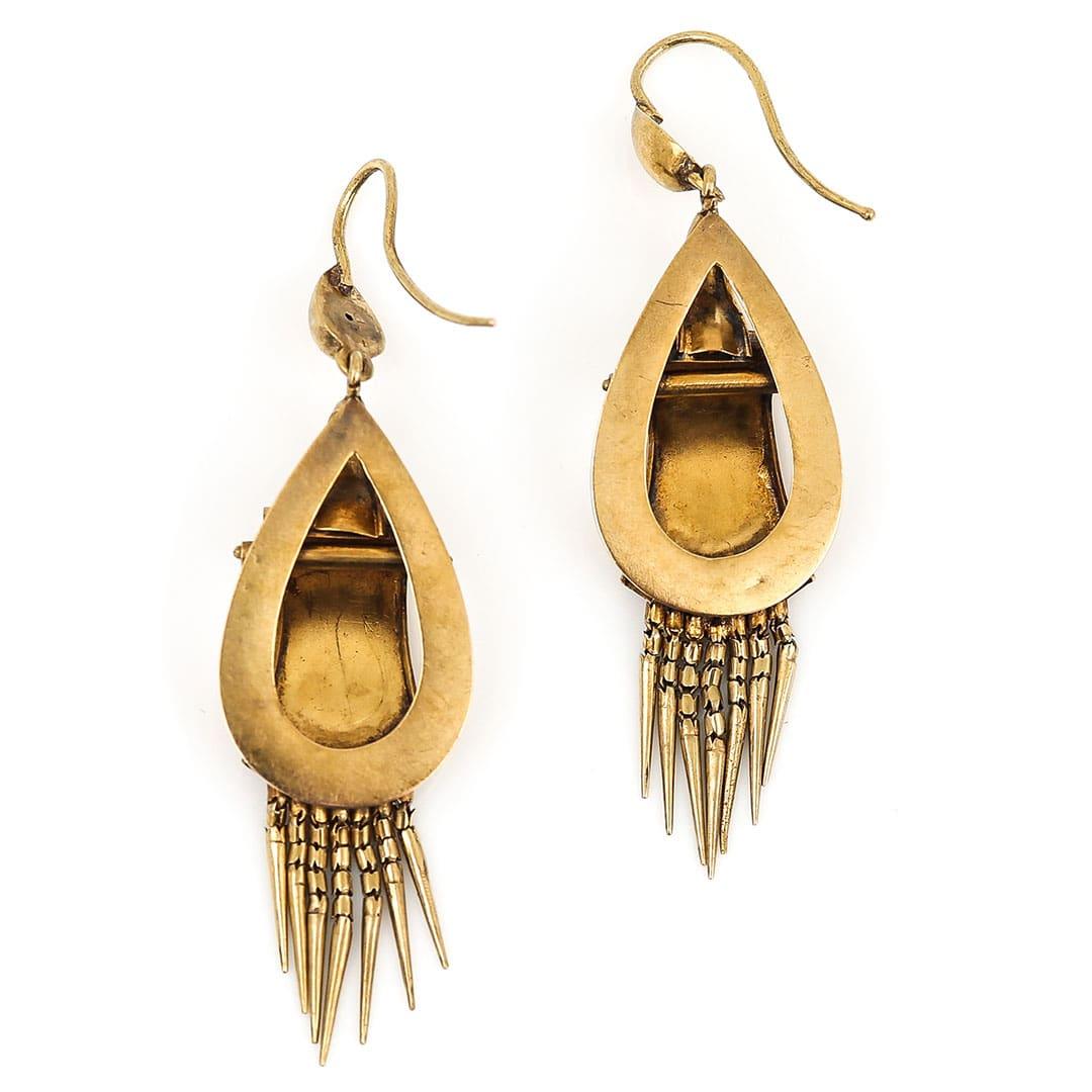Women's or Men's Victorian 18ct Yellow Gold Etruscan Drop Earrings with Foxtail Fringe Circa 1870