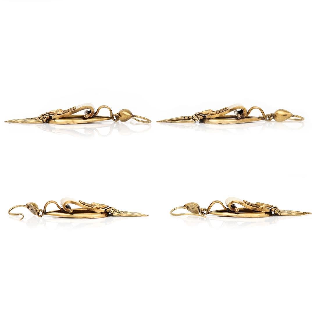 Victorian 18ct Yellow Gold Etruscan Drop Earrings with Foxtail Fringe Circa 1870 1